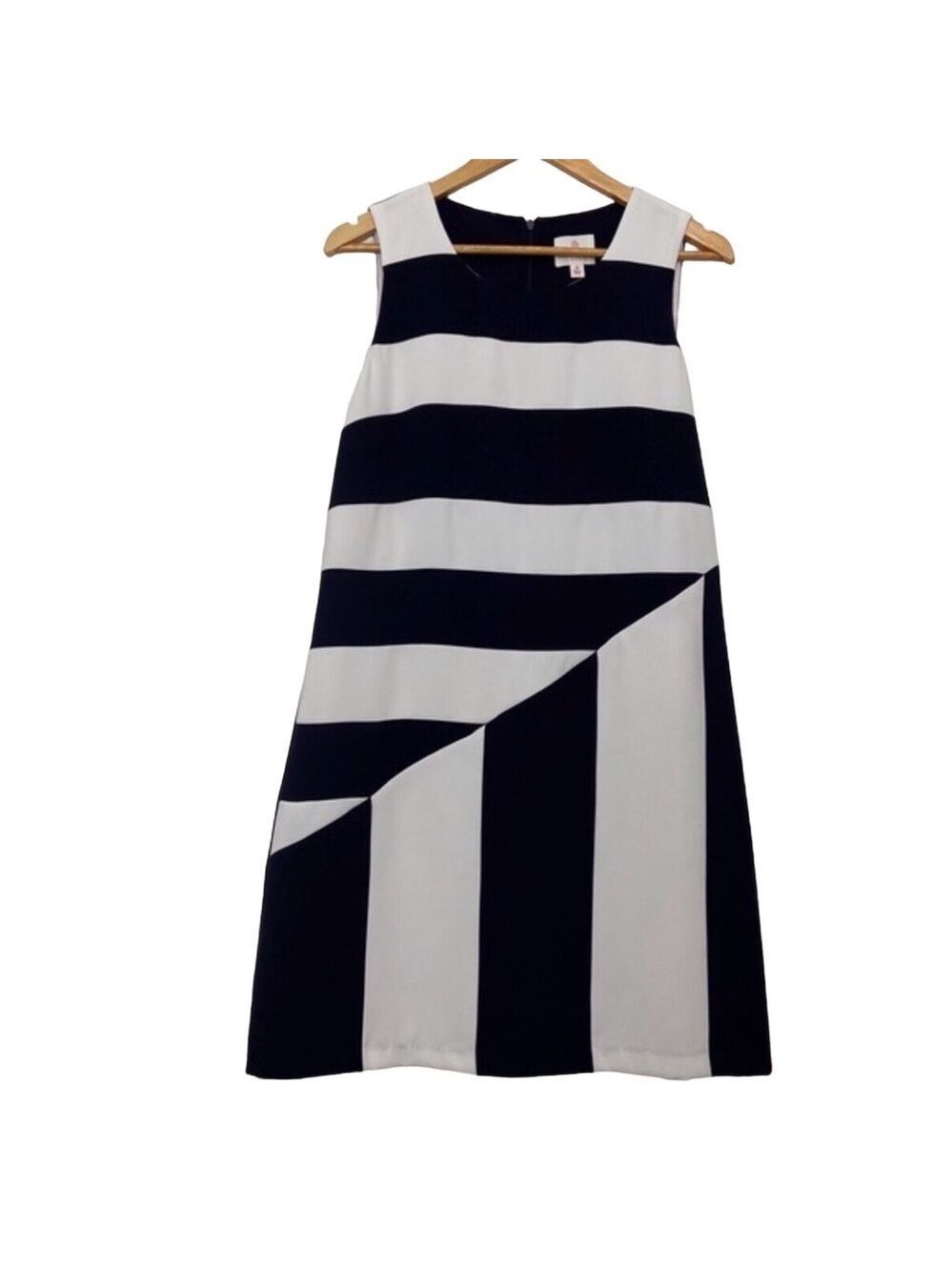 JULIE Brown New York nautical shift dress navy blue white stripe sleeveless 12